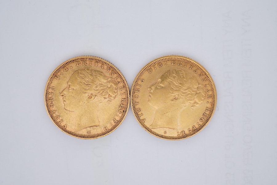 British gold coins, Victoria, two gold sovereigns;, 1885S, VF, and 1884M, fine or better
